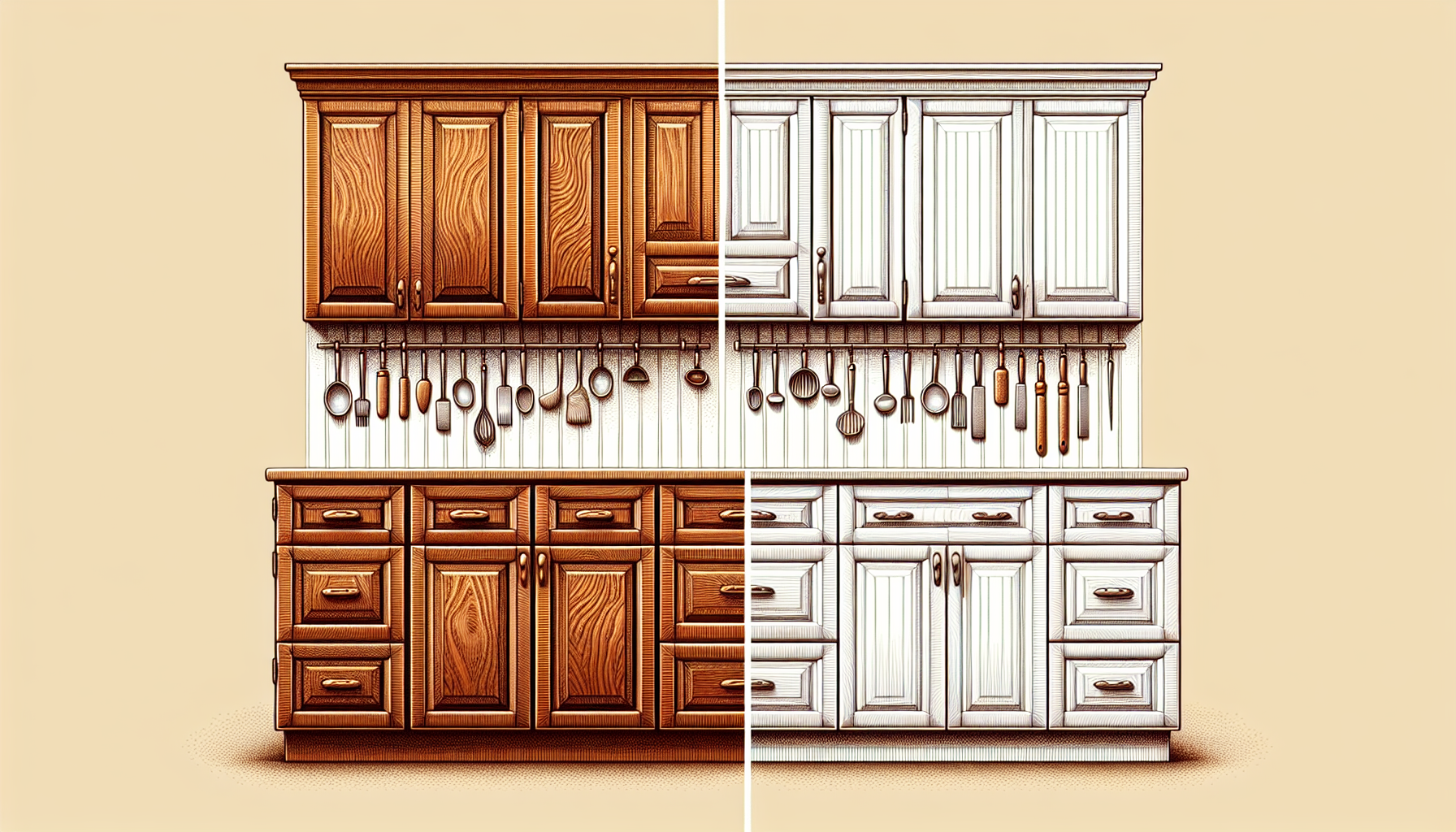 Illustration of traditional and modern shaker style kitchen cabinets